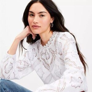 Loft Mosaic Lace Blouse White Womens Sz S Petite Minimalist Elegant Sophisticate